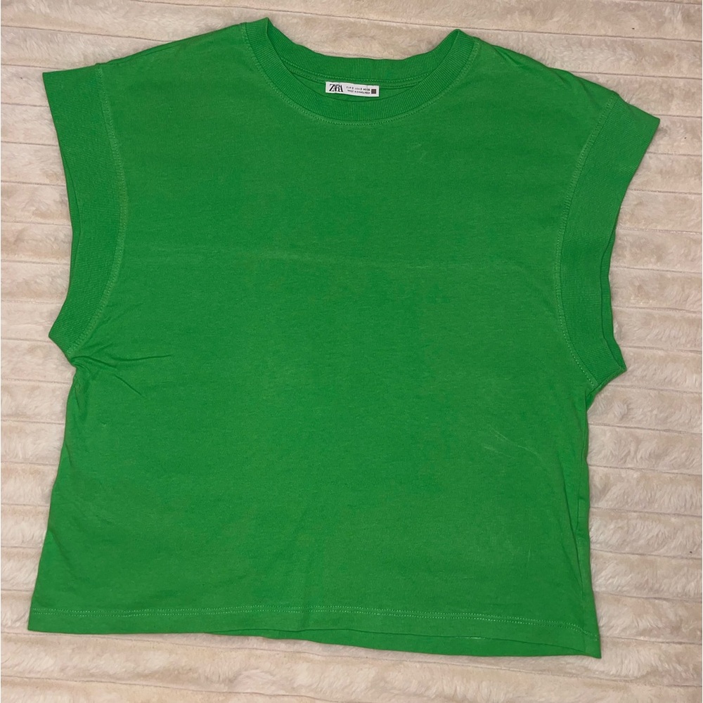 Zara Green Cap-Sleeve Cotton T-Shirt